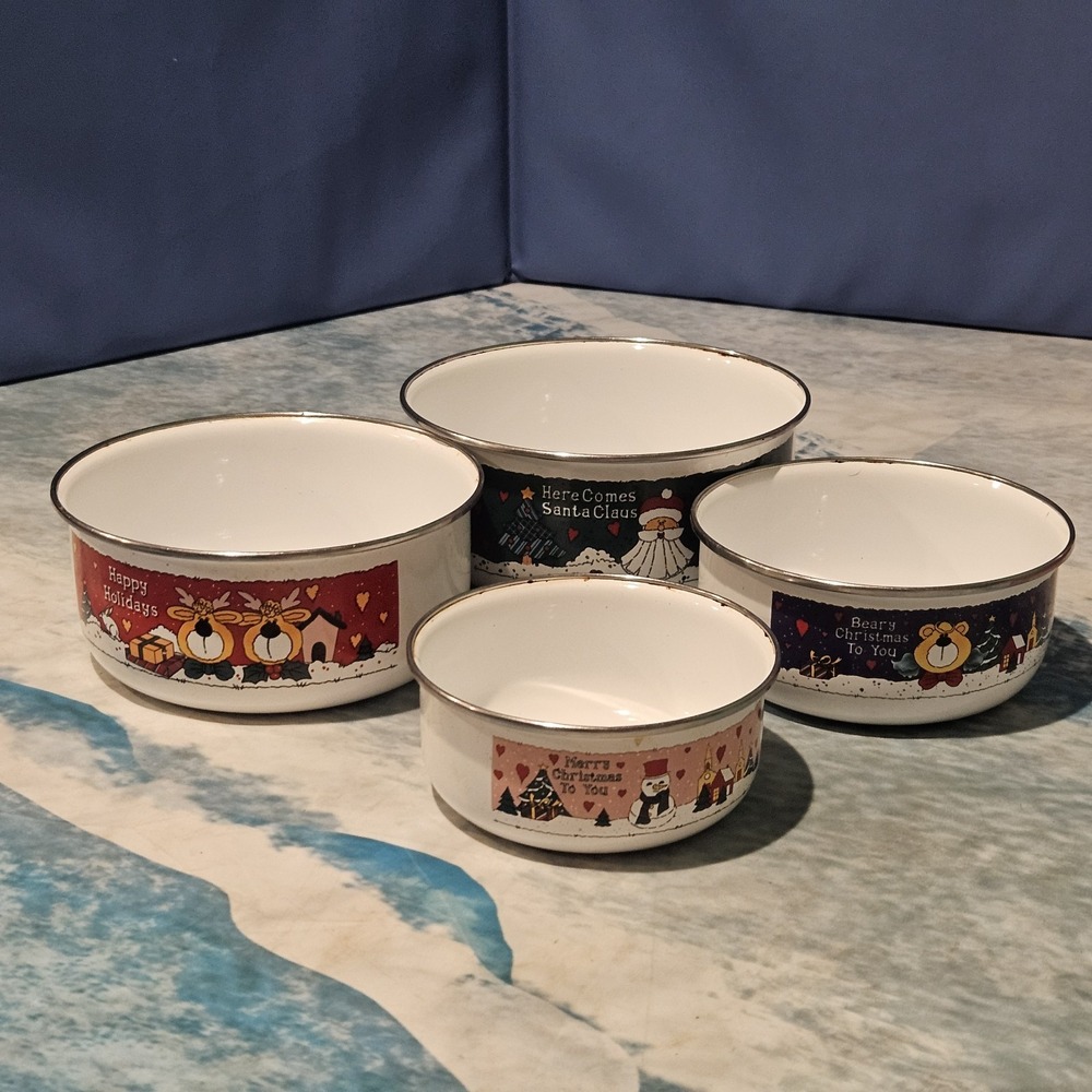 Vintage Christmas Enamel Nesting‎ Bowls Set of 4 Holiday Santa Snowman